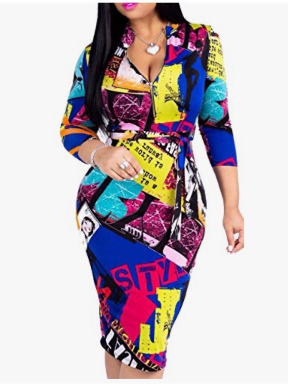 Colorblock Graphic Wrap-Style Midi Dress - Blue Multi